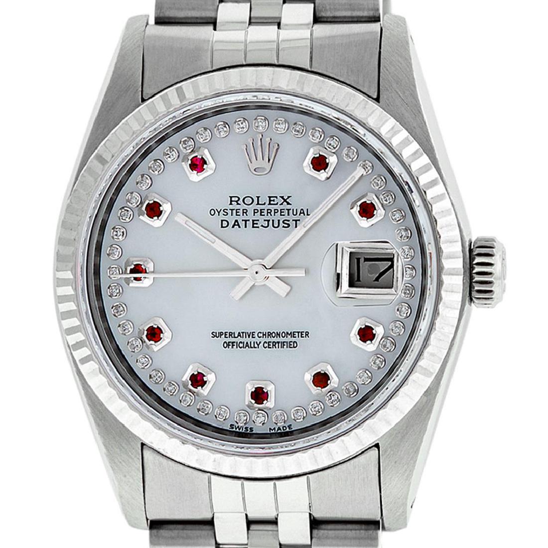 Rolex Men's Stainless Steel Mother Of Pearl Diamond &: One Men's Stainless Steel Rolex Datejust Polished Bright with Satin Finish, Serviced & Electronically Tested, Stainless Steel Case: 36mm, Stainless Steel Crown, Original Bezel: 14K White Gold Fluted B
