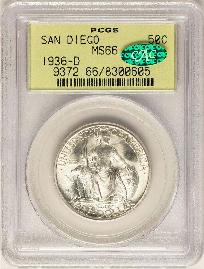 1936-D San Diego Exposition Commemorative Half Dollar: One 1936-D San Diego Exposition Commemorative Half Dollar Coin PCGS MS66 CAC Old Holder. PCGS Graded.