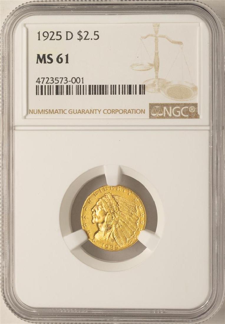 1925-D $2 1/2 Indian Head Quarter Eagle Gold Coin NGC: One 1925-D $2 1/2 Indian Head Quarter Eagle Gold Coin NGC MS61. NGC Certified.