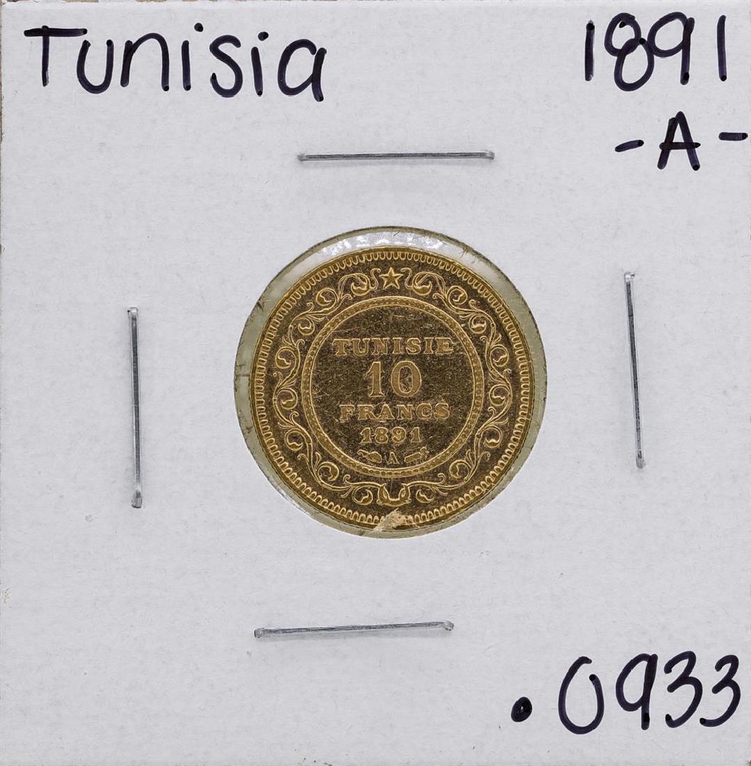 1891-A Tunisia 10 Francs Gold Coin: One 1891-A Tunisia 10 Francs Gold Coin.