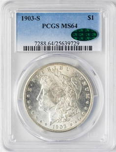 1903-S $1 Morgan Silver Dollar Coin PCGS MS64 CAC: One 1903-S $1 Morgan Silver Dollar Coin PCGS MS64 CAC. PCGS Graded.