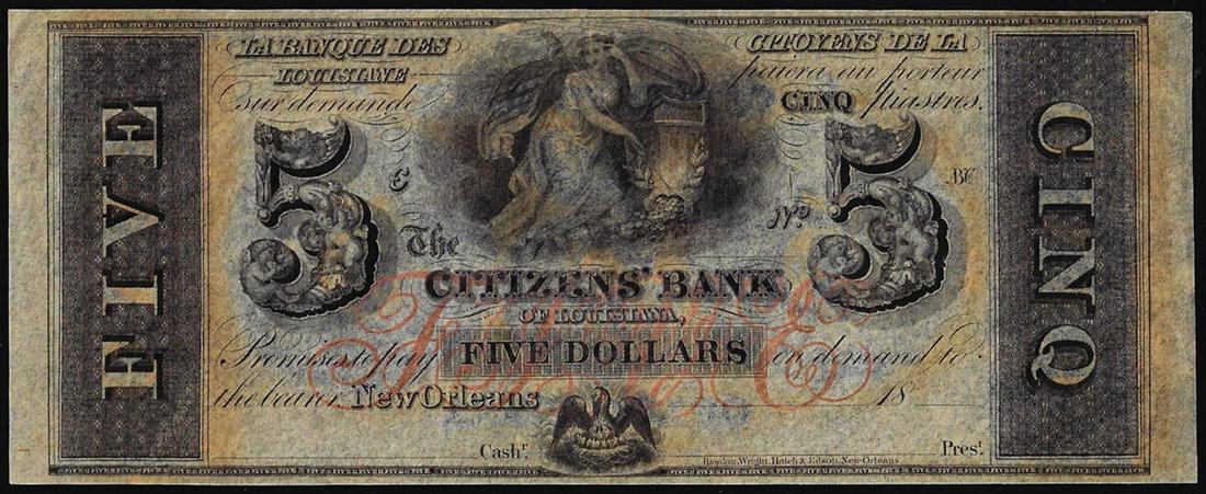 1800's $5 Citizens Bank of Louisiana Obsolete Bank Note: One 1800's $5 Citizens Bank of Louisiana Obsolete Bank Note.