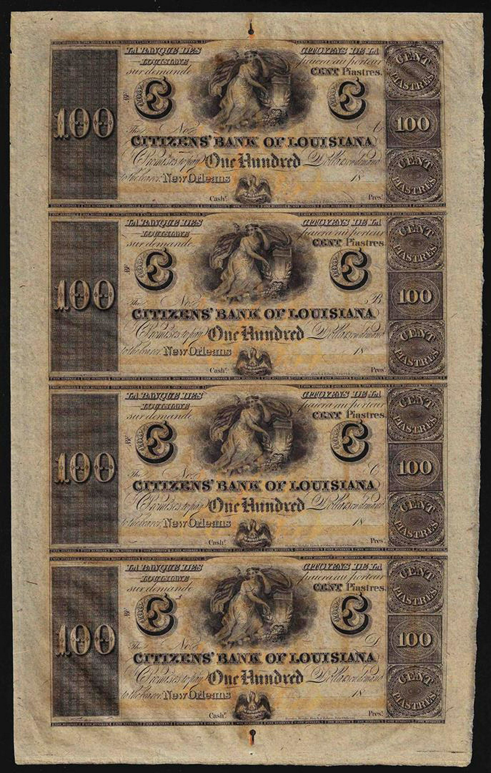 Uncut Sheet of $100 Citizens Bank of Louisiana Obsolete: One Uncut Sheet of $100 Citizens Bank of Louisiana Obsolete Notes.