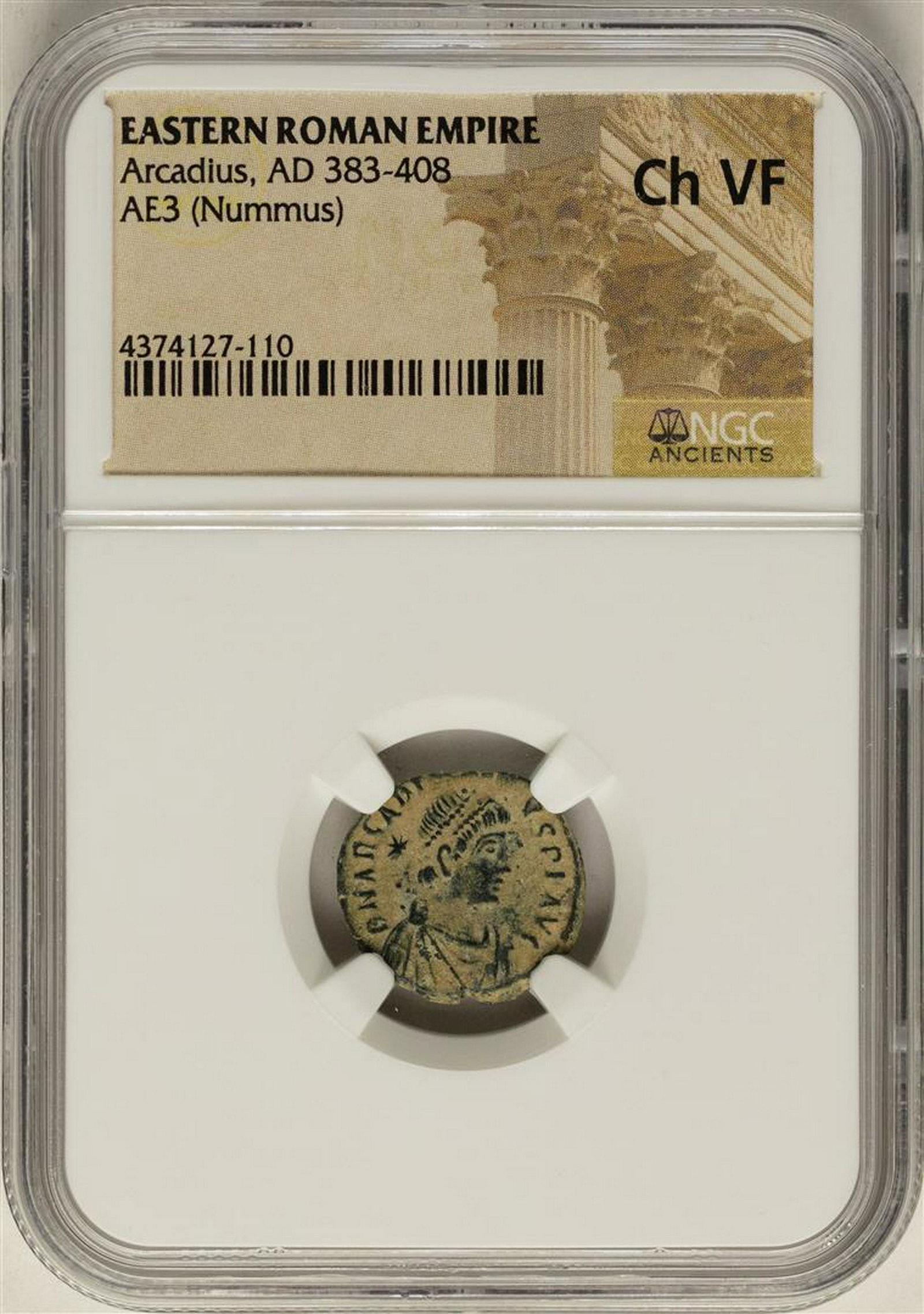 Arcadius, 383-408 AD Ancient Eastern Roman Empire Coin: One Arcadius, 383-408 AD Ancient Eastern Roman Empire Coin NGC Ch VF. NGC Certified.