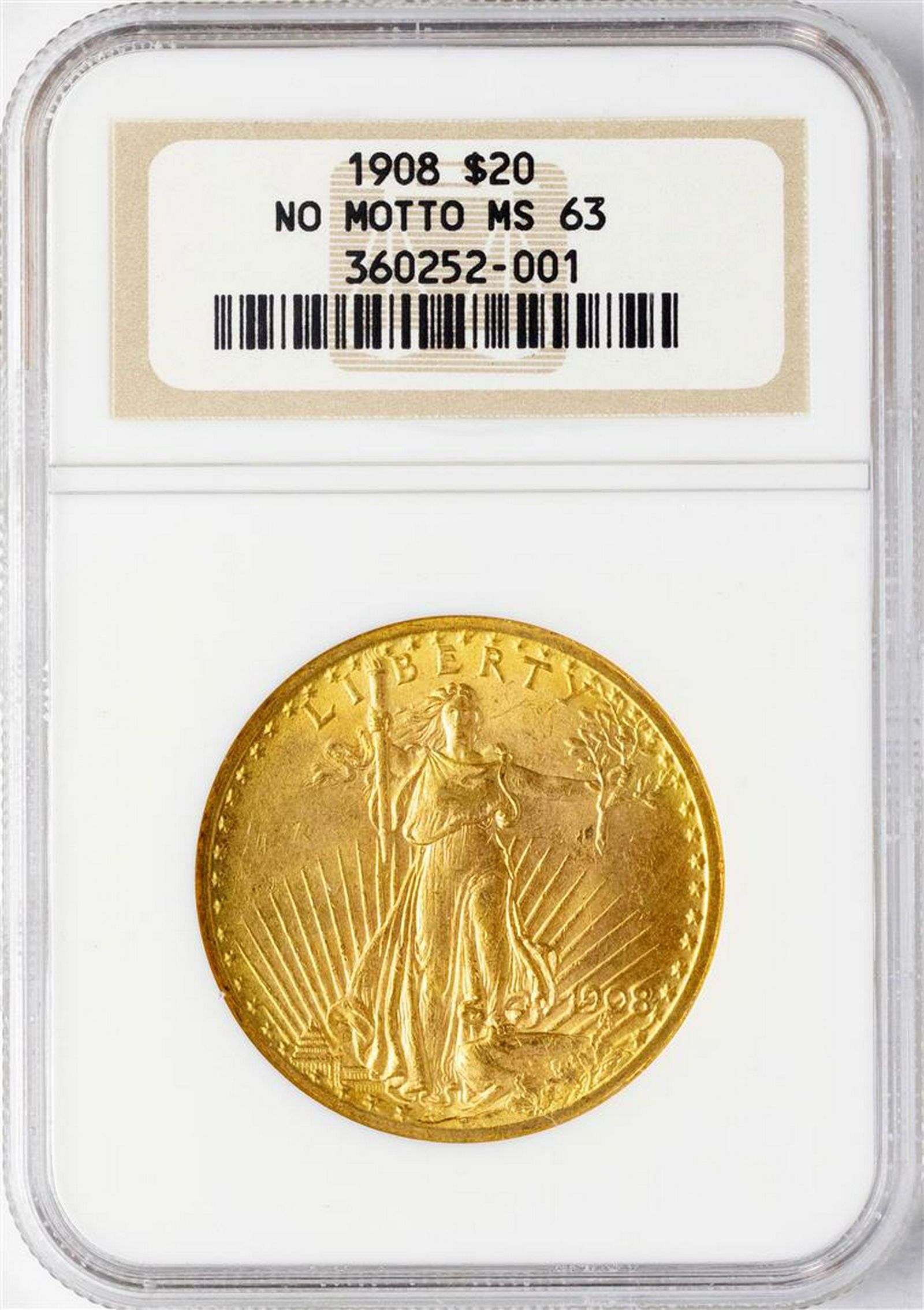 1908 NM $20 St. Gaudens Double Eagle Gold Coin NGC MS63: One 1908 NM $20 St. Gaudens Double Eagle Gold Coin NGC MS63. NGC Certified.