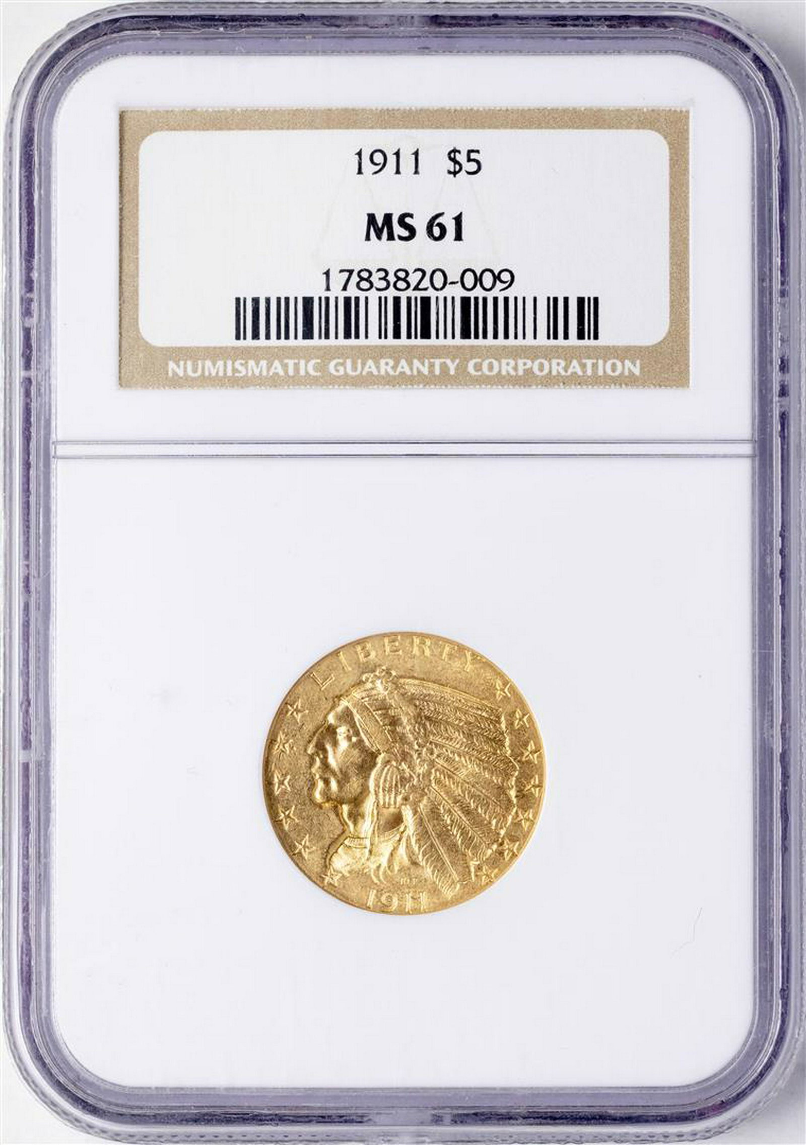 1911 $5 Indian Head Half Eagle Gold Coin NGC MS61: One 1911 $5 Indian Head Half Eagle Gold Coin NGC MS61. NGC Certified.