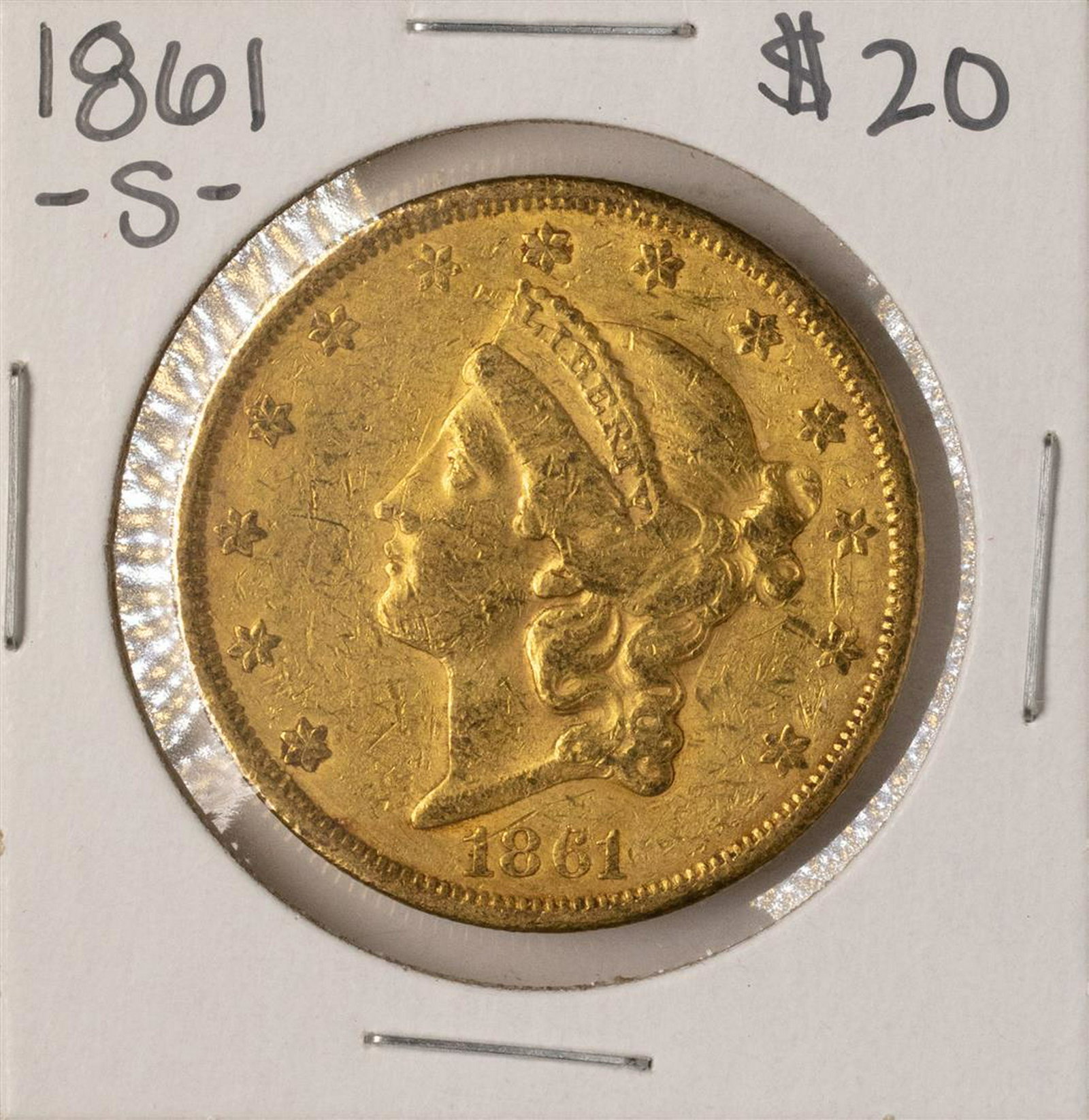 1861-S $20 Liberty Head Double Eagle Gold Coin: One 1861-S $20 Liberty Head Double Eagle Gold Coin.