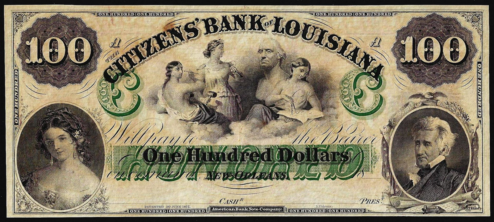 1800's $100 Citizens Bank of Louisiana Obsolete Bank: One 1800's $100 Citizens Bank of Louisiana Obsolete Bank Note.