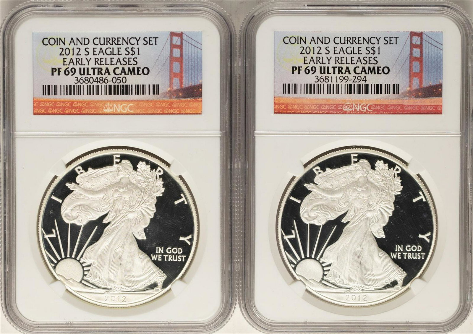 Lot of (2) 2012-S $1 Proof American Silver Eagle Coins: One Lot of (2) 2012-S $1 Proof American Silver Eagle Coins NGC PF69 Ultra Cameo. NGC Certified.