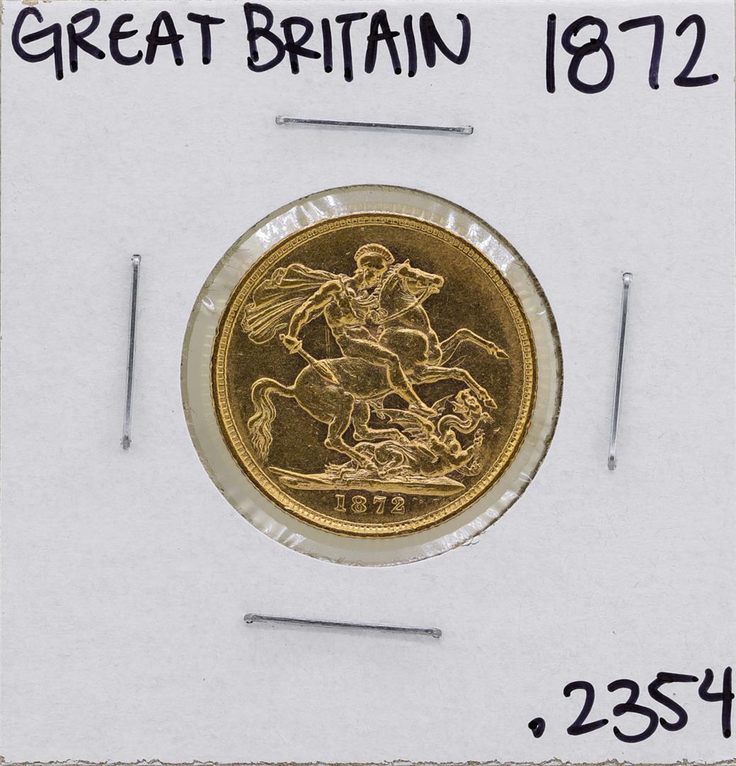 1872 Great Britain Queen Victoria Sovereign Gold Coin: One 1872 Great Britain Queen Victoria Sovereign Gold Coin.