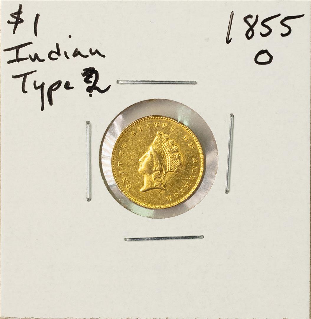 1855-O Type 2 $1 Indian Head Gold Dollar Coin: One 1855-O Type 2 $1 Indian Head Gold Dollar Coin.