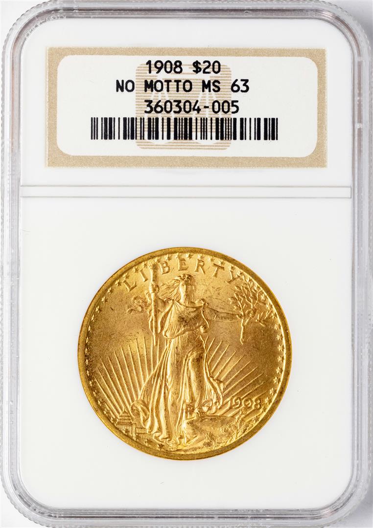 1908 NM $20 St. Gaudens Double Eagle Gold Coin NGC MS63: One 1908 NM $20 St. Gaudens Double Eagle Gold Coin NGC MS63. NGC Certified.