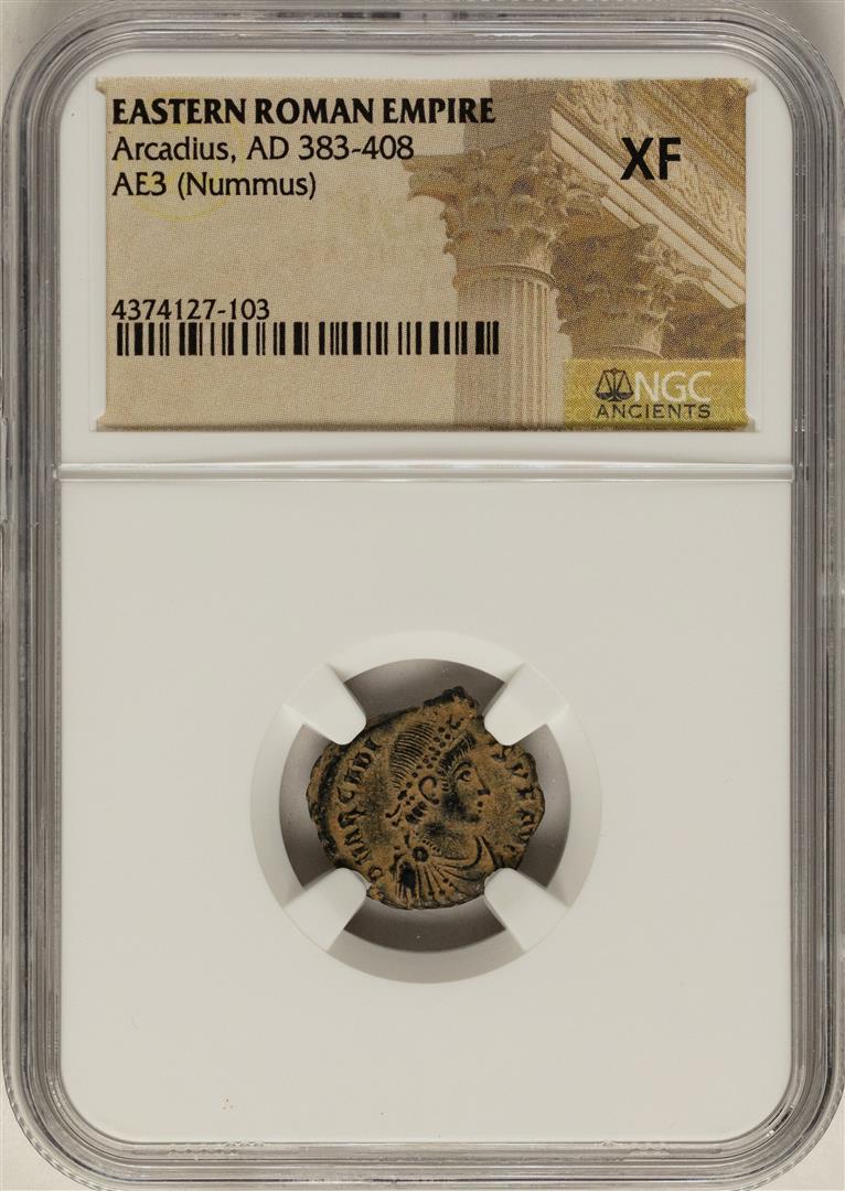 Arcadius, 383-408 AD Ancient Eastern Roman Empire Coin: One Arcadius, 383-408 AD Ancient Eastern Roman Empire Coin NGC XF. NGC Certified.