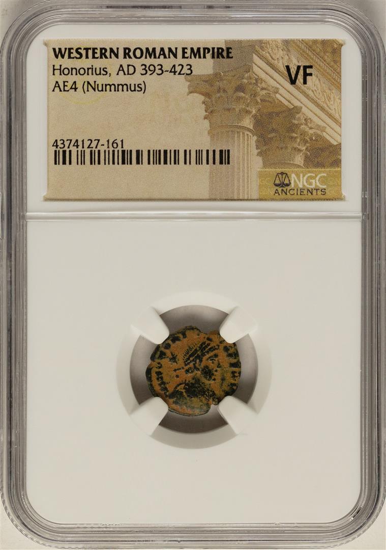Honorius, 393-423 AD Ancient Western Roman Empire Coin: One Honorius, 393-423 AD Ancient Western Roman Empire Coin NGC VF. NGC Certified.