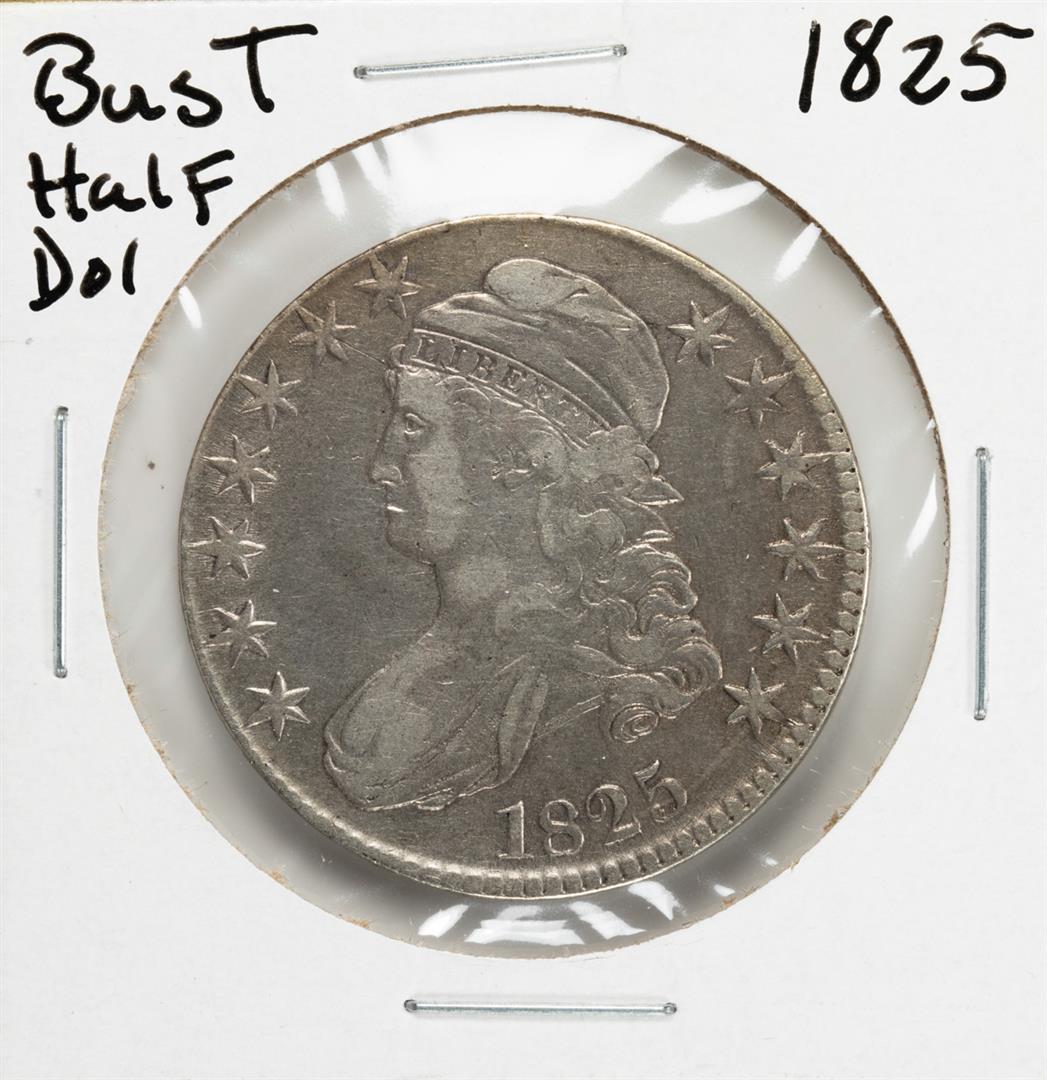 1825 Capped Bust Half Dollar Coin: One 1825 Capped Bust Half Dollar Coin.