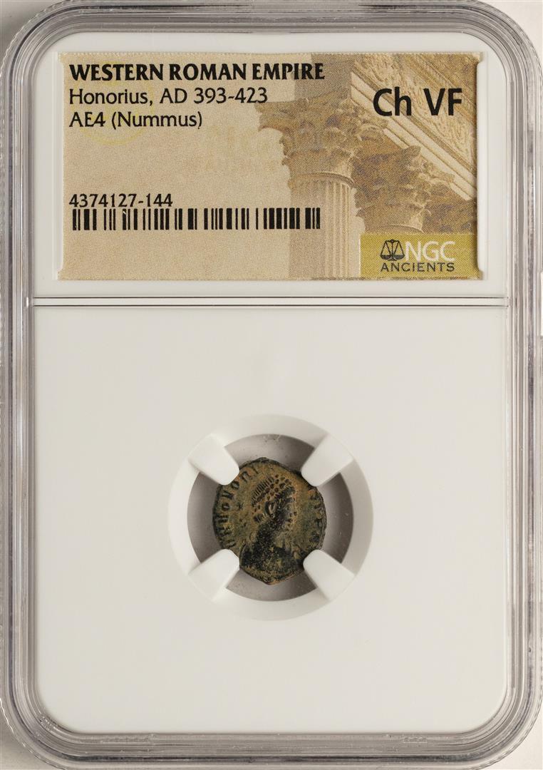 Honorius, 393-423 AD Ancient Western Roman Empire Coin: One Honorius, 393-423 AD Ancient Western Roman Empire Coin NGC Ch VF. NGC Certified.