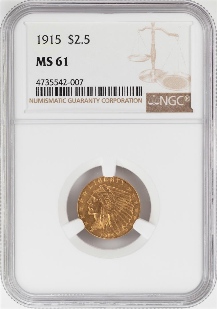 1915 $2 1/2 Indian Head Quarter Eagle Gold Coin NGC: One 1915 $2 1/2 Indian Head Quarter Eagle Gold Coin NGC MS61. NGC Certified.