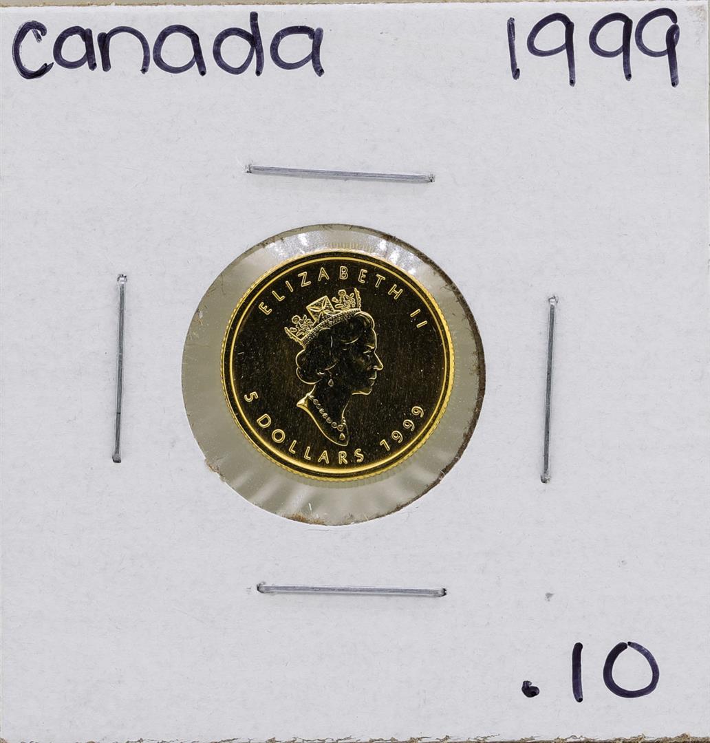 1999 $5 Canada 1/10 oz. Gold Maple Leaf Coin: One 1999 $5 Canada 1/10 oz. Gold Maple Leaf Coin.