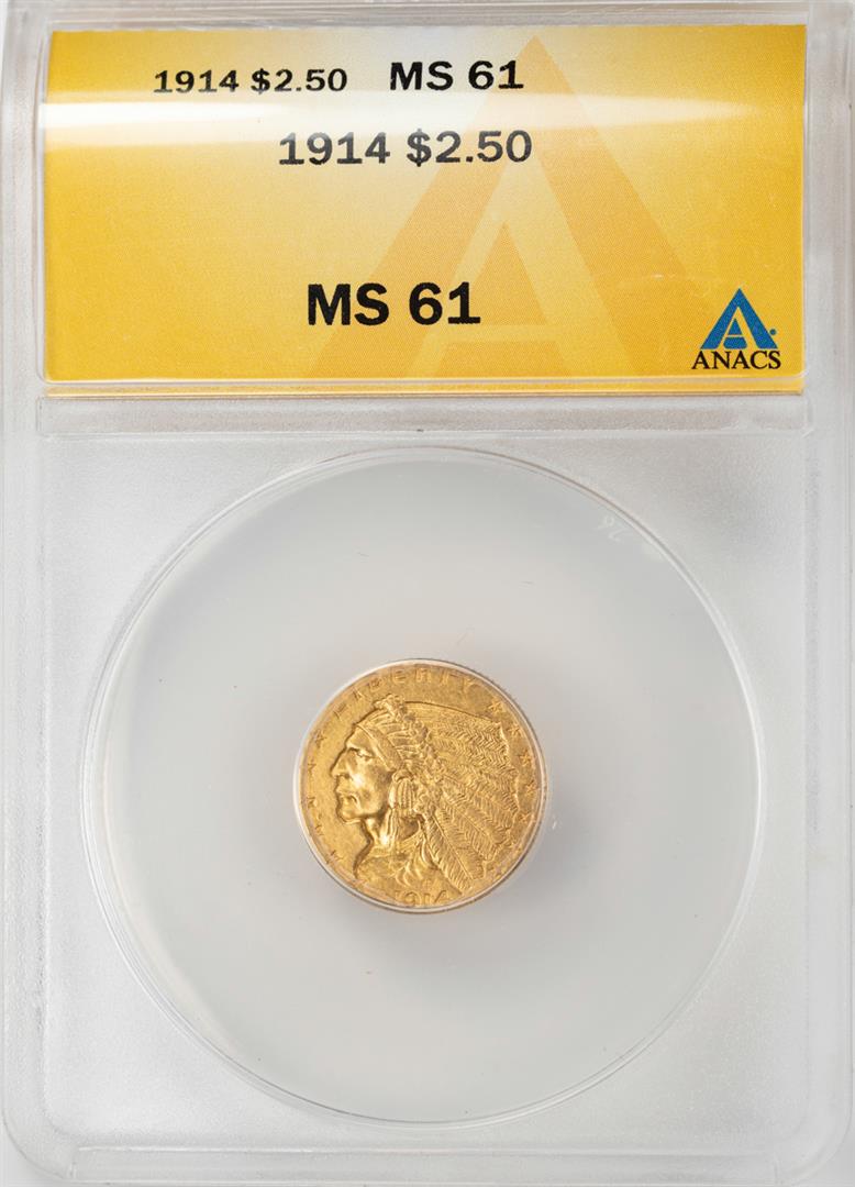 1914 $2 1/2 Indian Head Quarter Eagle Gold Coin ANACS: One 1914 $2 1/2 Indian Head Quarter Eagle Gold Coin ANACS MS61. ANACS Certified.