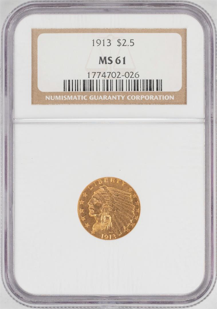 1913 $2 1/2 Indian Head Quarter Eagle Gold Coin NGC: One 1913 $2 1/2 Indian Head Quarter Eagle Gold Coin NGC MS61. NGC Certified.