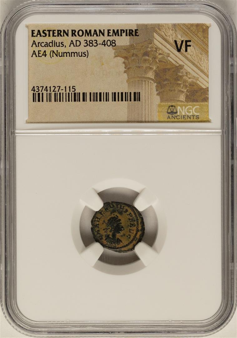 Arcadius, 383-408 AD Ancient Eastern Roman Empire Coin: One Arcadius, 383-408 AD Ancient Eastern Roman Empire Coin NGC VF. NGC Certified.