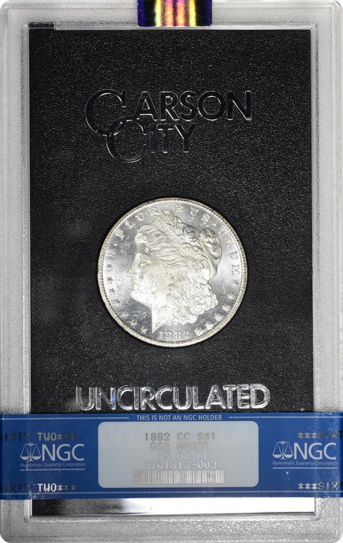 1882-CC $1 Morgan Silver Dollar Coin GSA Hoard NGC MS62: One 1882-CC $1 Morgan Silver Dollar Coin GSA Hoard NGC MS62 Proof Like. NGC Certified.