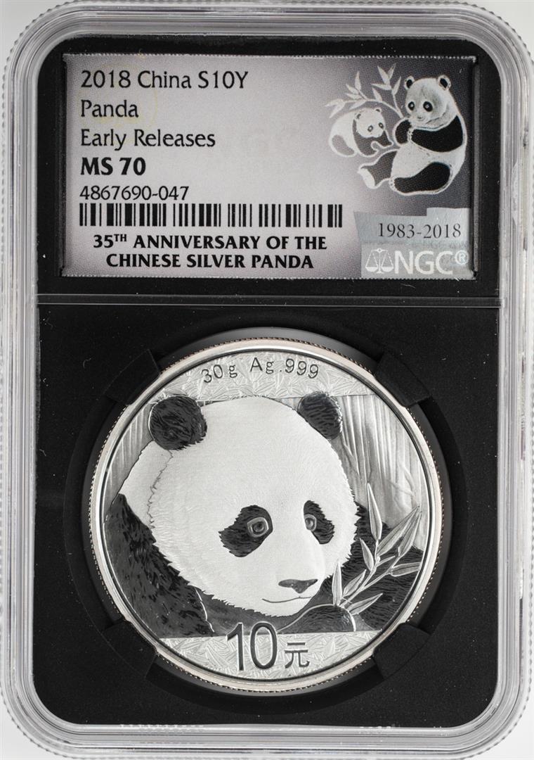2018 China Panda Silver Coin NGC MS70 Early Releases: One 2018 China Panda Silver Coin NGC MS70 Early Releases Black Core. NGC Certified.