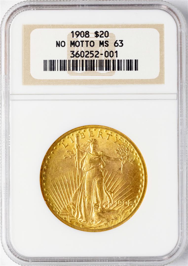 1908 NM $20 St. Gaudens Double Eagle Gold Coin NGC MS63: One 1908 NM $20 St. Gaudens Double Eagle Gold Coin NGC MS63. NGC Certified.
