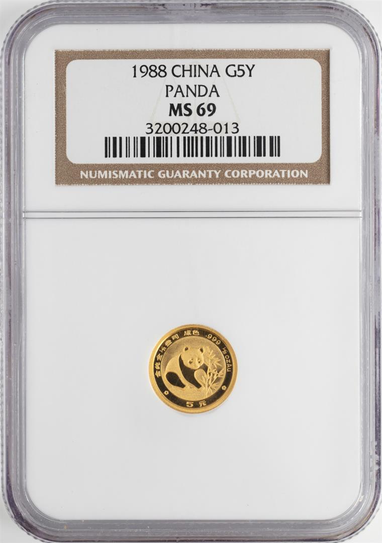 1988 China 1/20 oz Gold 5 Yuan Panda Coin NGC MS69: One 1988 China 1/20 oz Gold 5 Yuan Panda Coin NGC MS69. NGC Certified.