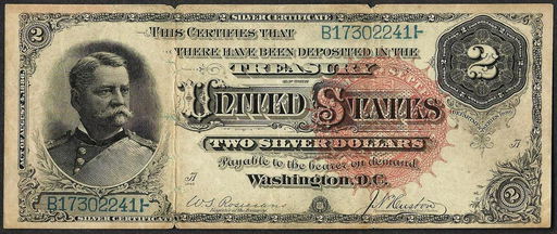 1886 2 Hancock Silver Certificate Note