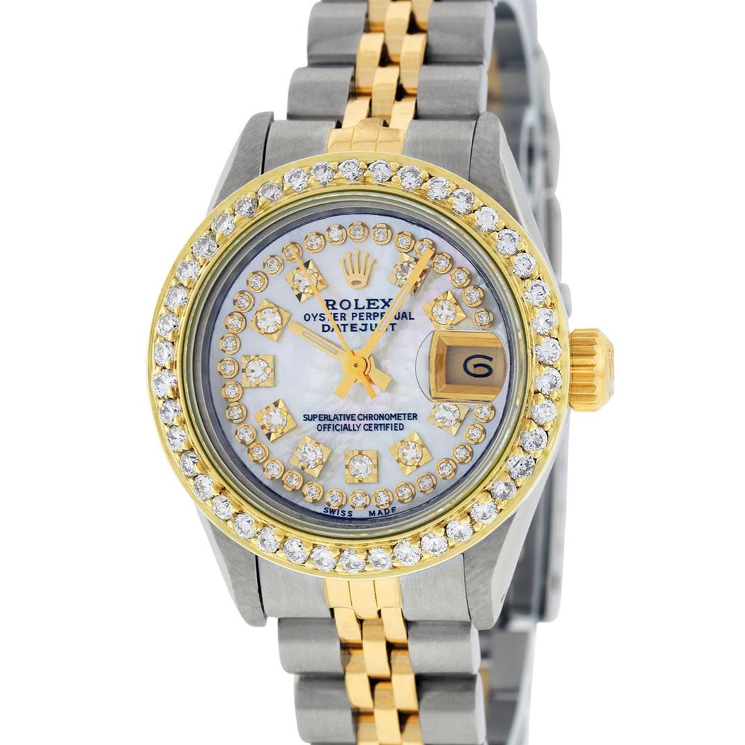 Rolex Ladies Two Tone Mother Of Pearl String Diamond: One Ladies 14K Two Tone Rolex Datejust Polished, Serviced & Electronically Tested, 14K Yellow Gold & Stainless Steel Case: 26mm, 14K Yellow Gold Crown, Custom Bezel: New 18K 1ctw Yellow Gold Beadset D