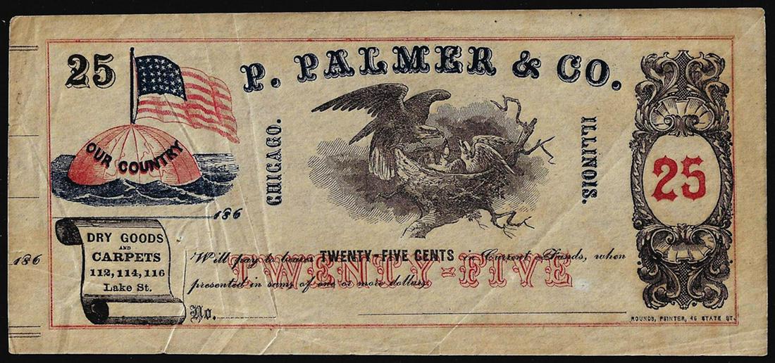 1860's P. Palmer & Co. Twenty-Five Cents Chicago, IL: One 1860's P. Palmer & Co. Twenty-Five Cents Chicago, IL Scrip Note.