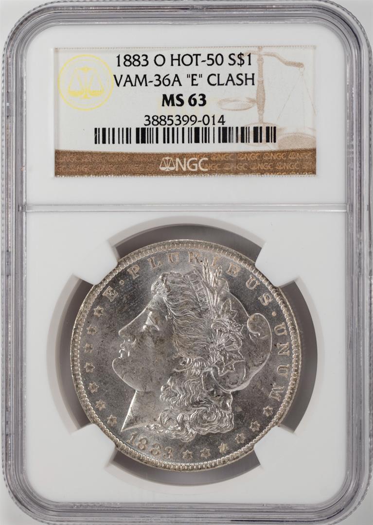 1883-O VAM-36A $1 Morgan Silver Dollar Coin NGC MS63: One 1883-O VAM-36A $1 Morgan Silver Dollar Coin NGC MS63 "E" Clash Hot-50. NGC Certified.