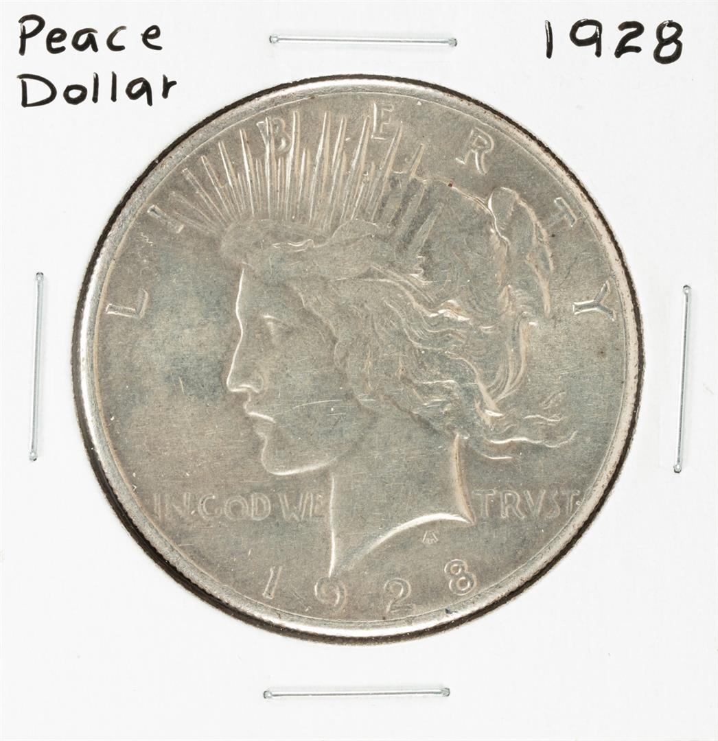 1928 $1 Peace Silver Dollar Coin: One 1928 $1 Peace Silver Dollar Coin.
