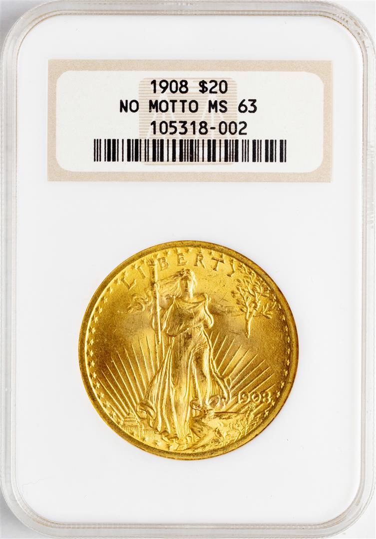 1908 NM $20 St. Gaudens Double Eagle Gold Coin NGC MS63: One 1908 NM $20 St. Gaudens Double Eagle Gold Coin NGC MS63. NGC Certified.