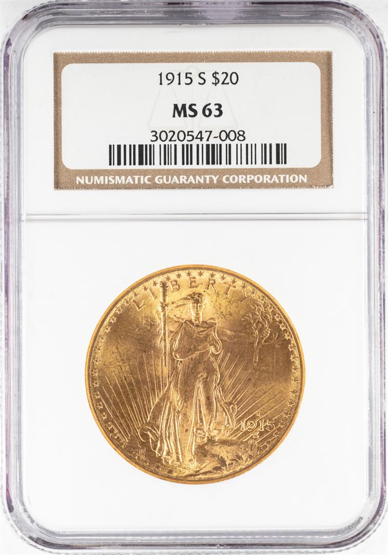 1915-S $20 St. Gaudens Double Eagle Gold Coin NGC MS63: One 1915-S $20 St. Gaudens Double Eagle Gold Coin NGC MS63. NGC Certified.