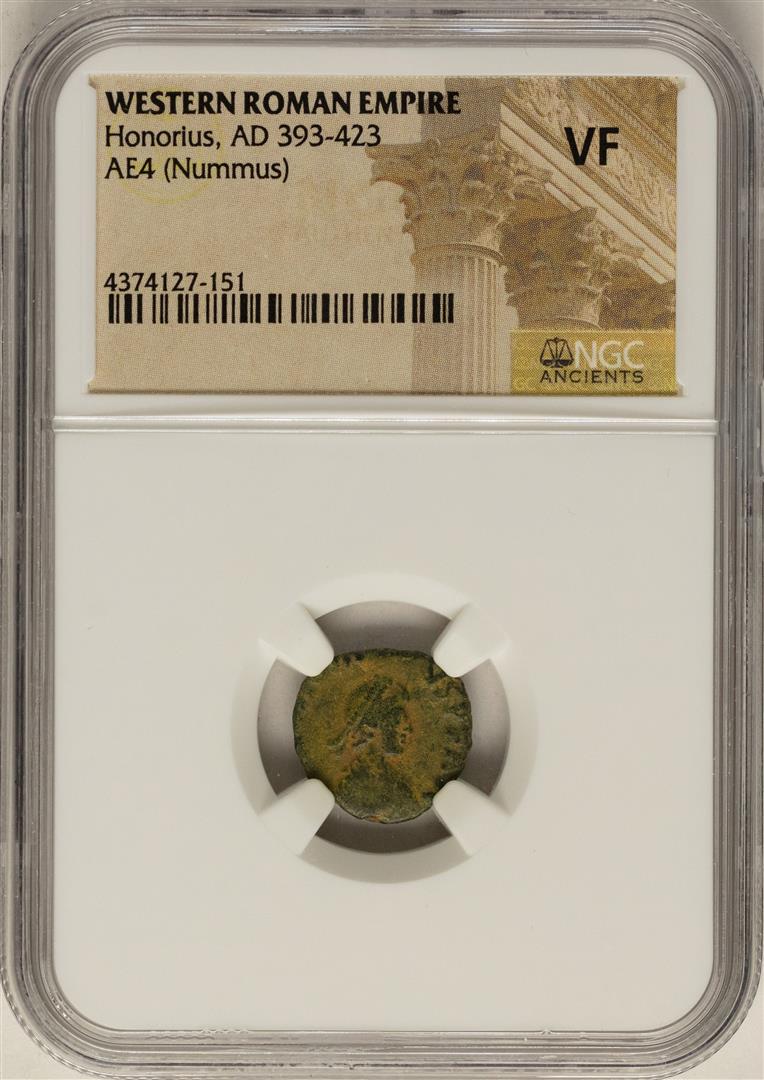Honorius, 393-423 AD Ancient Western Roman Empire Coin: One Honorius, 393-423 AD Ancient Western Roman Empire Coin NGC VF. NGC Certified.