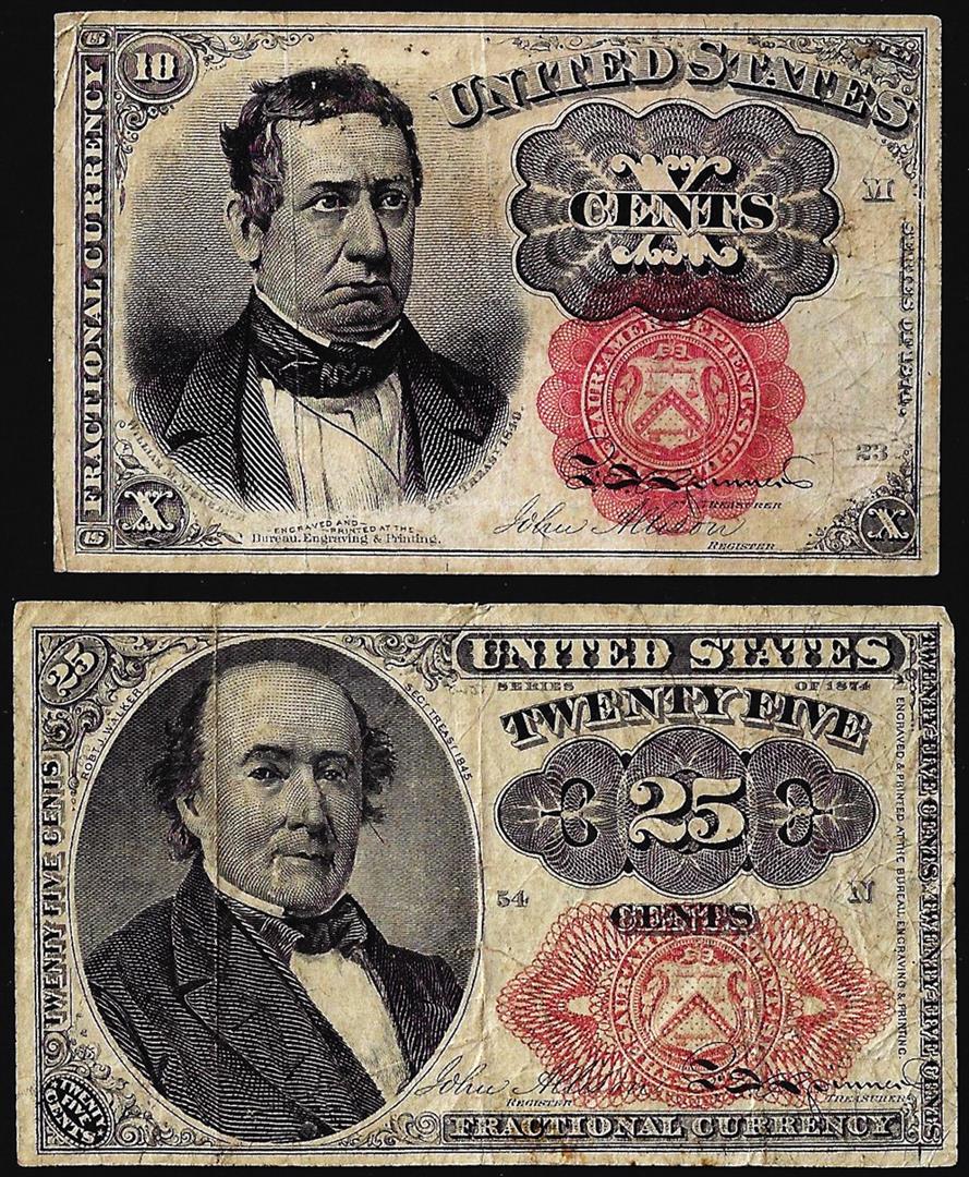 Lot of 1874 Fifth Issue 10 Cent and 25 Cent Fractional: One Lot of 1874 Fifth Issue 10 Cent and 25 Cent Fractional Currency Notes.