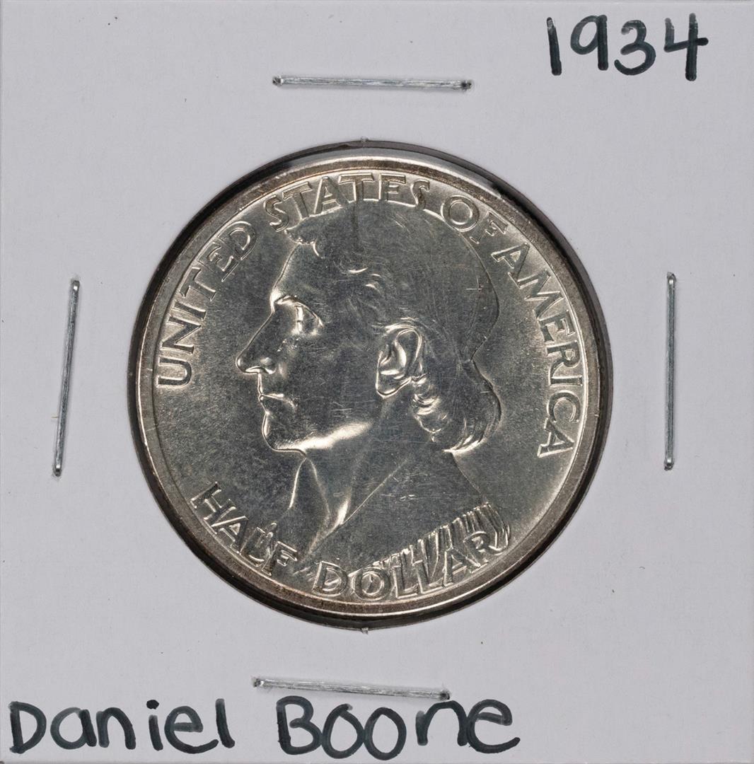 1934 Daniel Boone Commemorative Half Dollar Coin: One 1934 Daniel Boone Commemorative Half Dollar Coin.