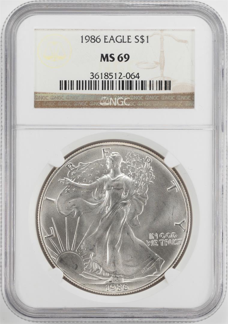 1986 $1 American Silver Eagle Coin NGC MS69: One 1986 $1 American Silver Eagle Coin NGC MS69. NGC Certified.