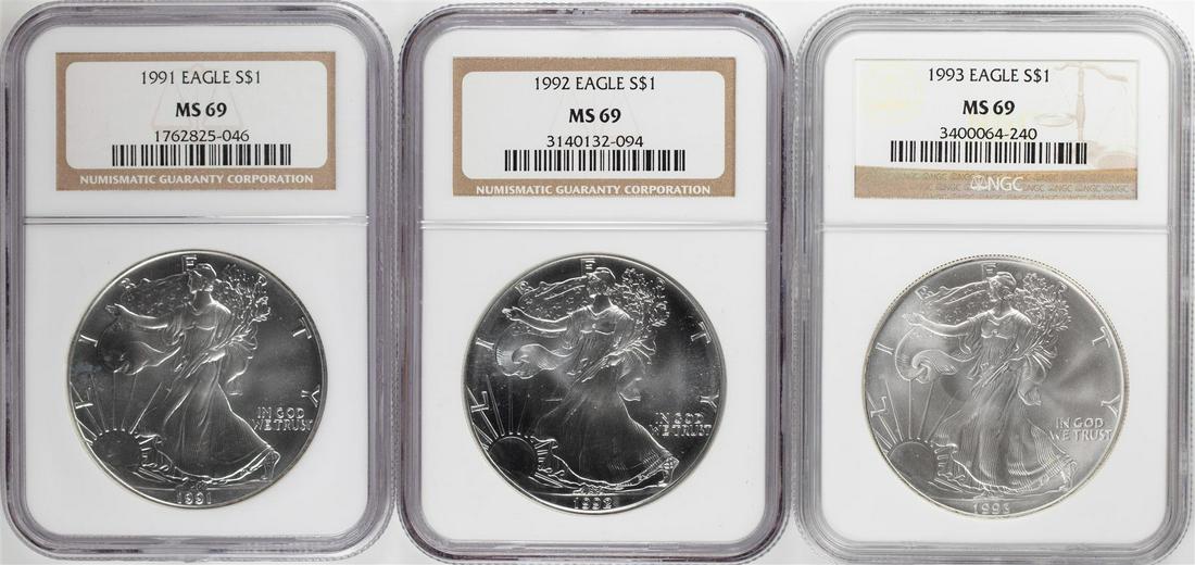1991-1993 $1 American Silver Eagle Coin Coins NGC MS69: One 1991-1993 $1 American Silver Eagle Coin Coins NGC MS69.