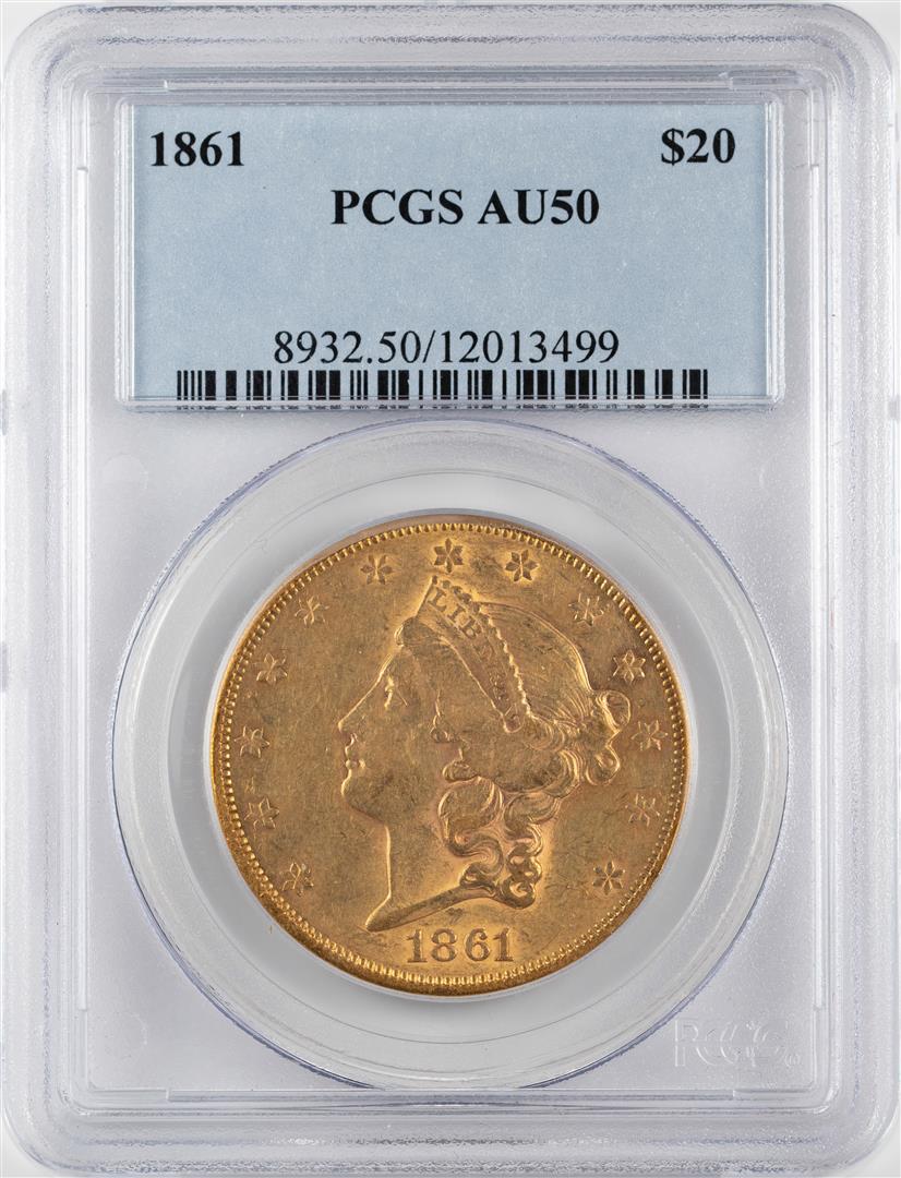 1861 $20 Liberty Head Double Eagle Gold Coin PCGS AU50: One 1861 $20 Liberty Head Double Eagle Gold Coin PCGS AU50. PCGS Graded.