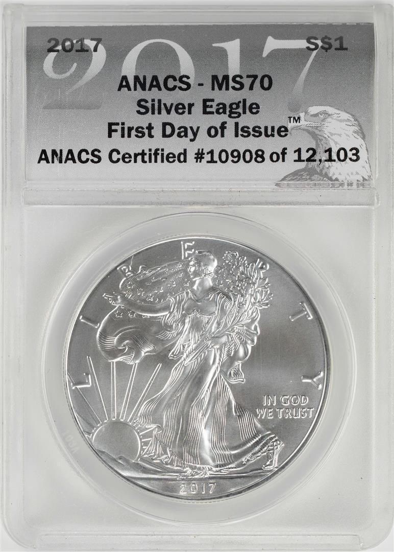 2017 $1 American Silver Eagle Coin ANACS MS70 First Day: One 2017 $1 American Silver Eagle Coin ANACS MS70 First Day Of Issue. ANACS Certified.