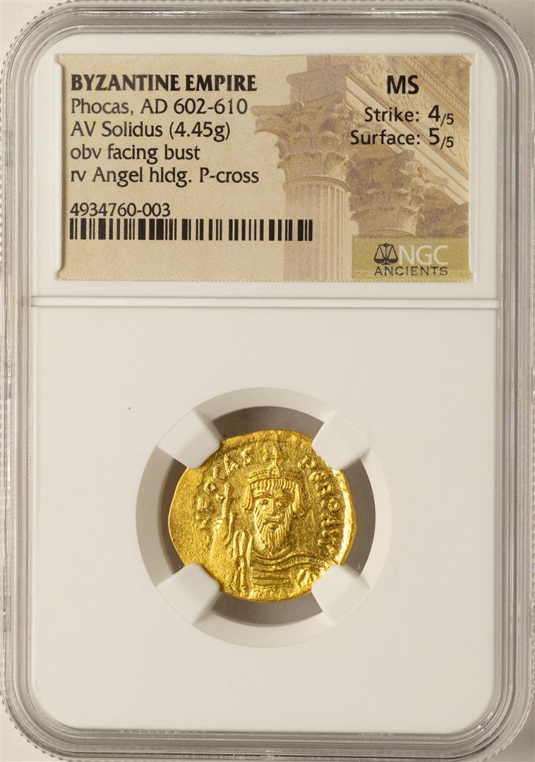 AD 602-610 Phocas Byzantine Empire Solidus Ancient Gold: One AD 602-610 Phocas Byzantine Empire Solidus Ancient Gold Coin NGC MS. NGC Certified.