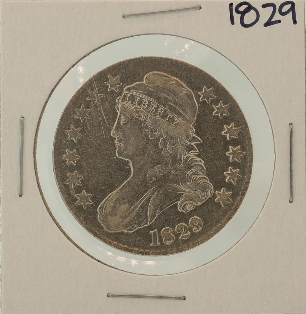 1829 Capped Bust Half Dollar Coin: One 1829 Capped Bust Half Dollar Coin.