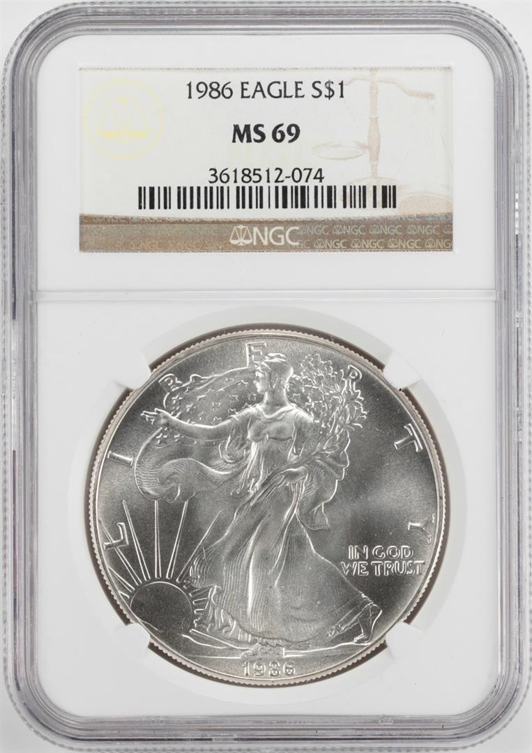 1986 $1 American Silver Eagle Coin NGC MS69: One 1986 $1 American Silver Eagle Coin NGC MS69. NGC Certified.