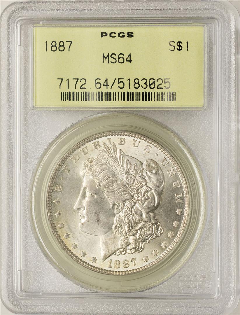 1887 $1 Morgan Silver Dollar Coin PCGS MS64 Old Green: One 1887 $1 Morgan Silver Dollar Coin PCGS MS64 Old Green Holder. PCGS Graded.