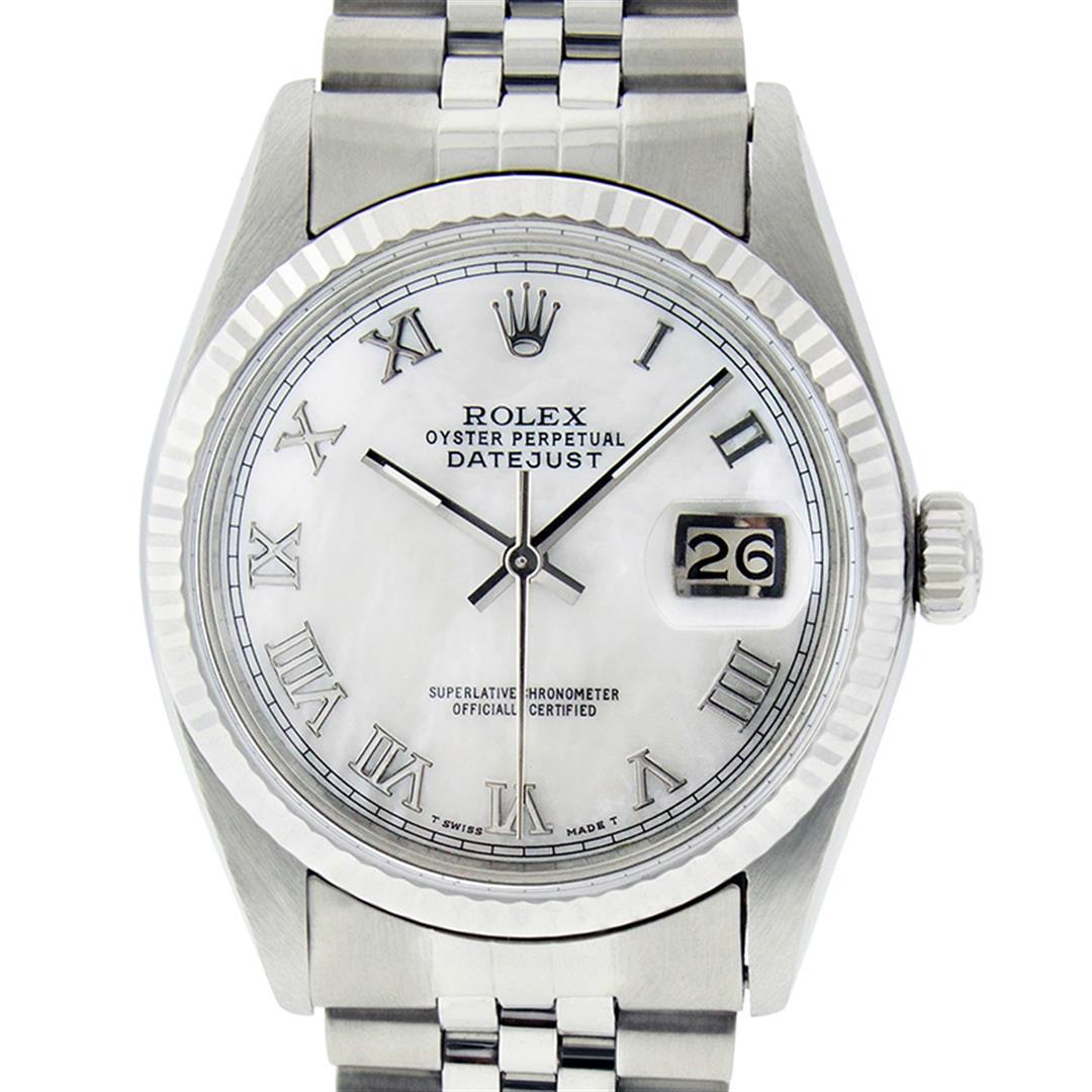 Rolex Men's Stainless Steel Mother Of Pearl Roman: One Men's Stainless Steel Rolex Datejust Polished Bright with Satin Finish, Serviced & Electronically Tested, Stainless Steel Case: 36mm, Stainless Steel Crown, Bezel: 14K White Gold Fluted Bezel. Cus
