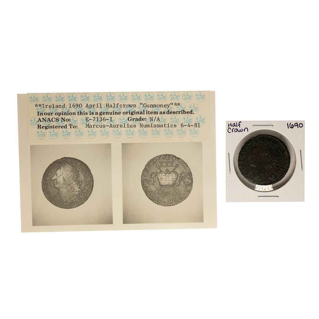 1690 Ireland May Half Crown Gun Money Coin ANACS Graded: One 1690 Ireland May Half Crown Gun Money Coin ANACS Graded. ANACS Certified.
