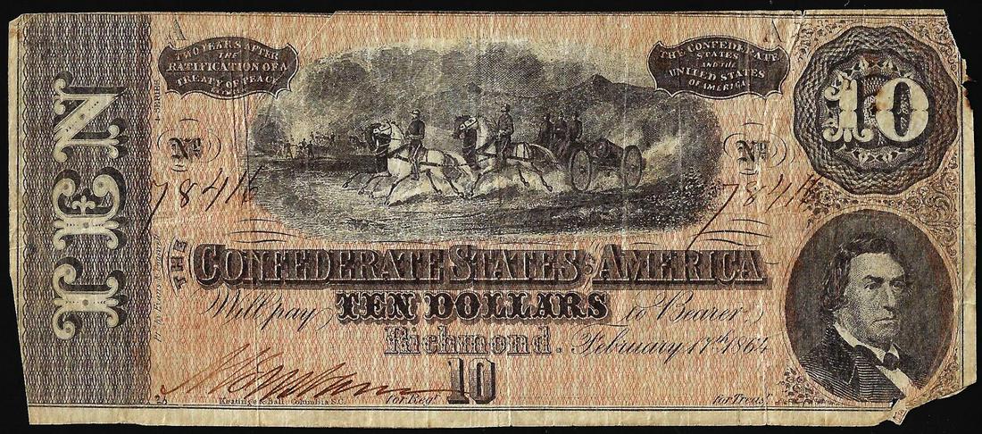 1864 $10 Confederate States of America Note: One 1864 $10 Confederate States of America Note.